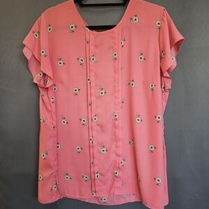 Liz Claiborne Blouse – Coral Daisy Floral Print & Pleated Front - Size XL